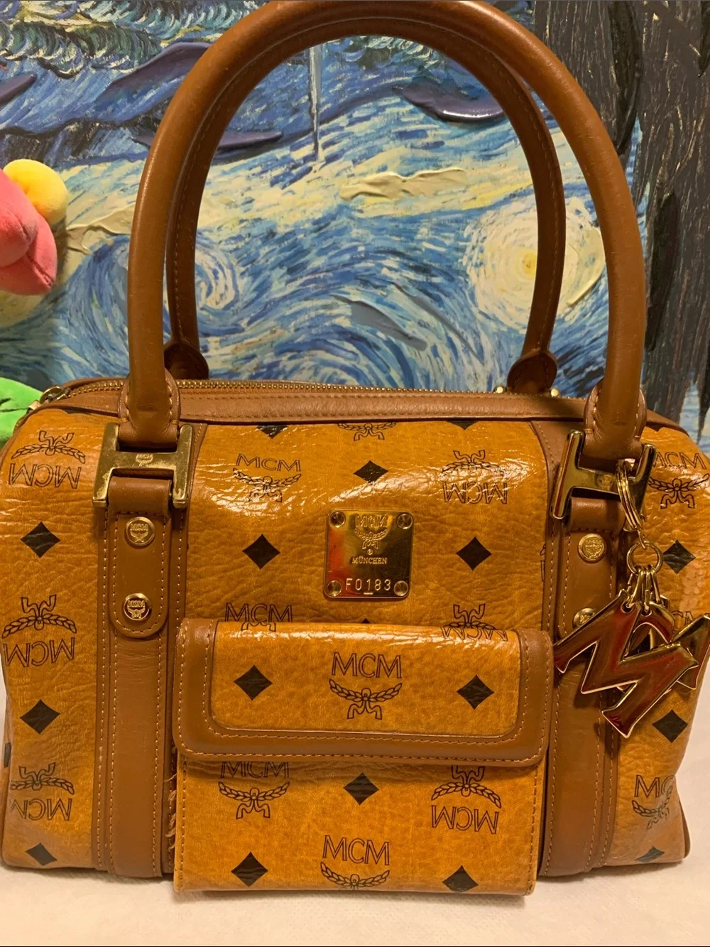 MCM Cognac Monogram Boston with  Charm  EUC